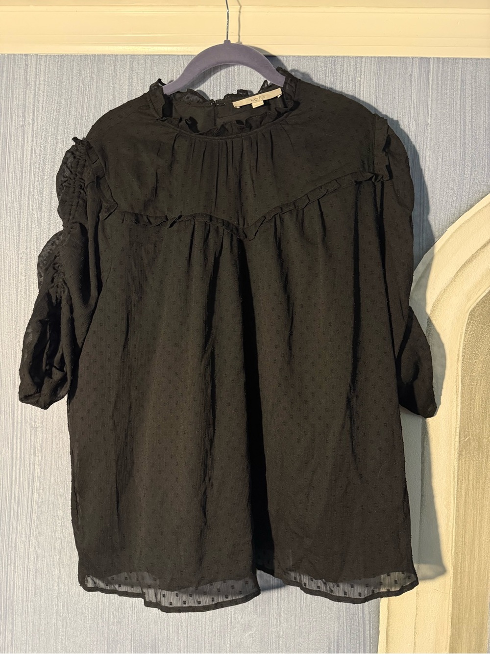 LOFT Black Swiss Dot Ruffle Blouse XL